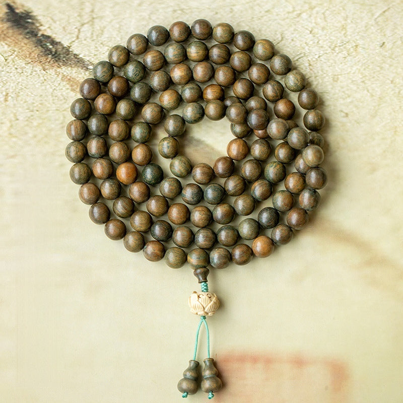 Green Sandalwood 108 Mala Beads with Lotus & Gourd Accents – Spiritual Balance
