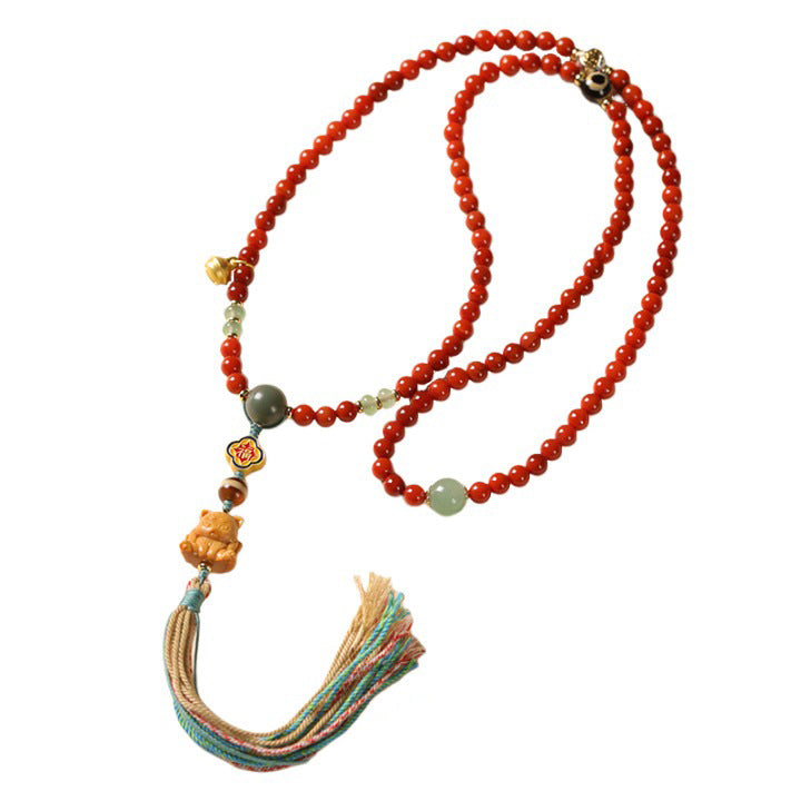 Tibetan-Style 108 Red Agate Mala Necklace – Auspicious Blessings & Love Harmony