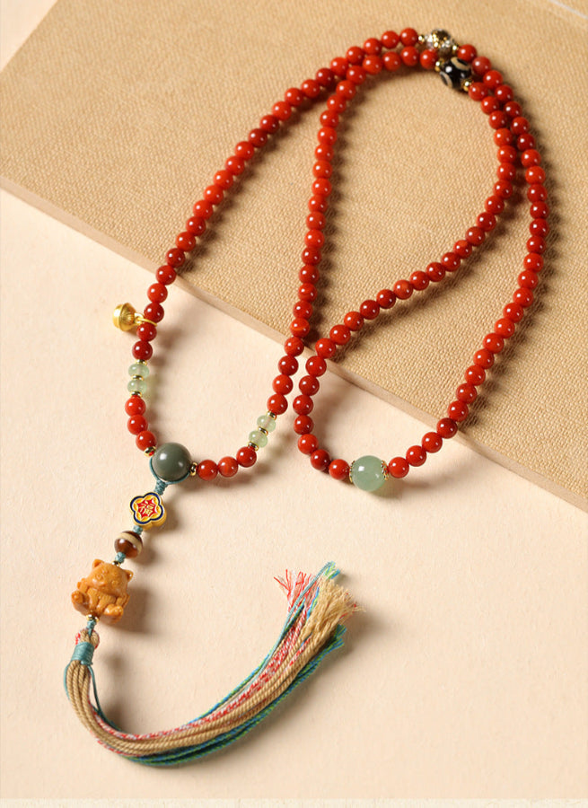 Tibetan-Style 108 Red Agate Mala Necklace – Auspicious Blessings & Love Harmony