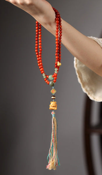 Tibetan-Style 108 Red Agate Mala Necklace – Auspicious Blessings & Love Harmony