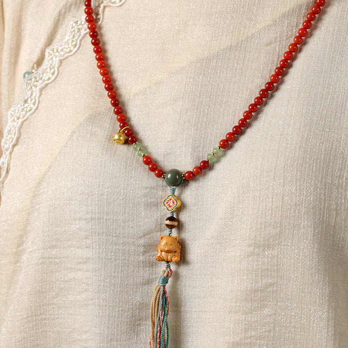 Tibetan-Style 108 Red Agate Mala Necklace – Auspicious Blessings & Love Harmony