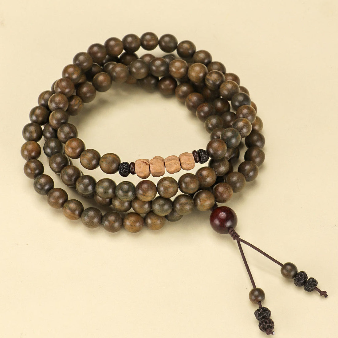 Green Sandalwood Double-Wrap Mala Bracelet with Bodhi Accents – Grounding & Protection