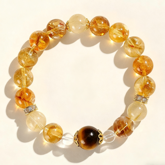 Golden Rutilated Quartz & Tiger’s Eye Bracelet with Crystal Accents – Wealth & Clarity