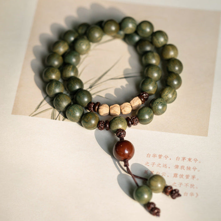 Green Sandalwood Double-Wrap Mala Bracelet with Bodhi Accents – Protection & Mindfulness