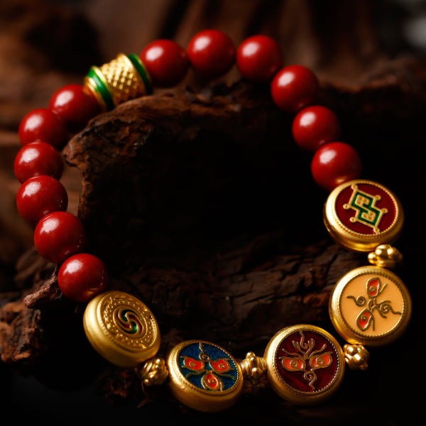 Five Elements Cinnabar Wealth Bracelet – Tibetan Prosperity Thangka Beads