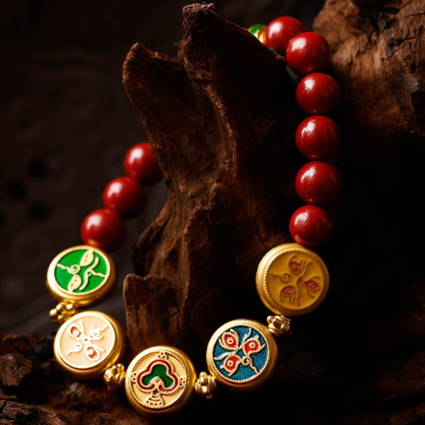 Five Elements Cinnabar Wealth Bracelet – Tibetan Prosperity Thangka Beads