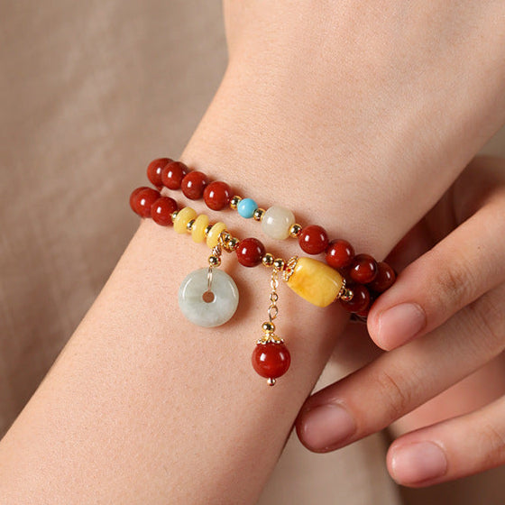 Prosperity & Peace Double-Wrap Bracelet – Red Agate with Jade Donut & Amber Charms