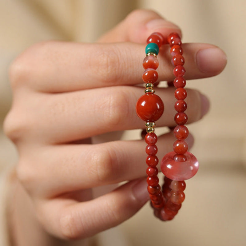 Double-Wrap Red Agate & Watermelon Crystal Bracelet – Women’s Protection & Vitality Talisman