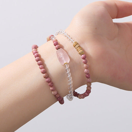 Rhodochrosite & Clear Quartz Double-Wrap Bracelet with Rose Quartz Pixiu – Love & Protection