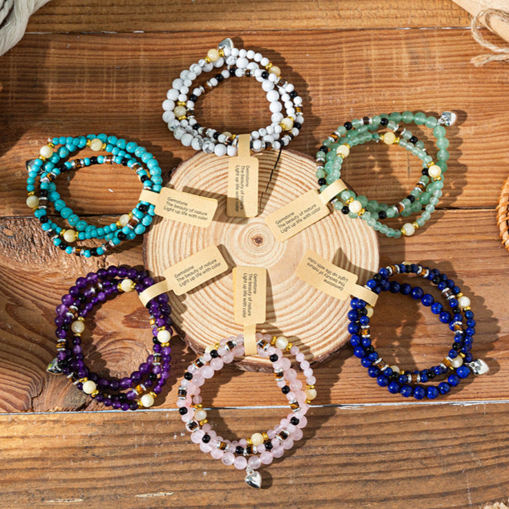 Gemstone Double-Strand Bracelet Collection with Heart Charm – Women’s Balance & Elegance