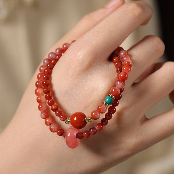 Double-Wrap Red Agate & Watermelon Crystal Bracelet – Women’s Protection & Vitality Talisman