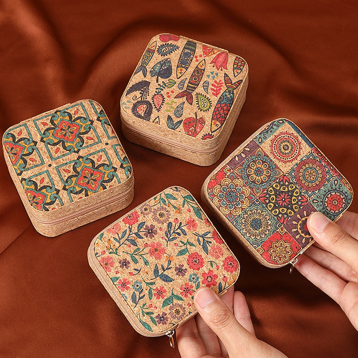 Bohemian Cork-Print Travel Jewelry Box (4 color types)