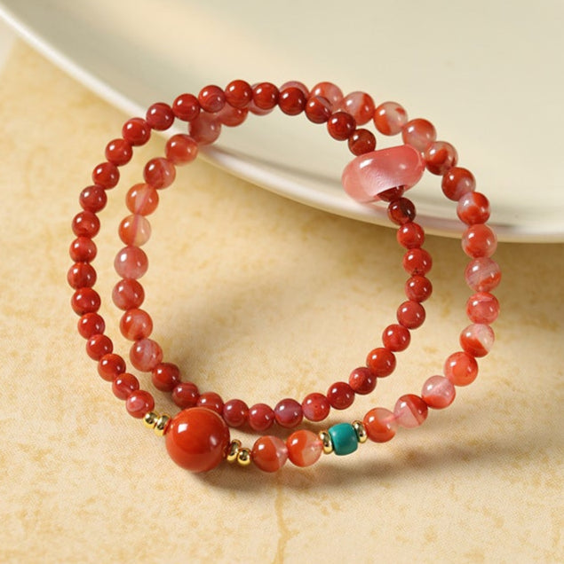 Double-Wrap Red Agate & Watermelon Crystal Bracelet – Women’s Protection & Vitality Talisman