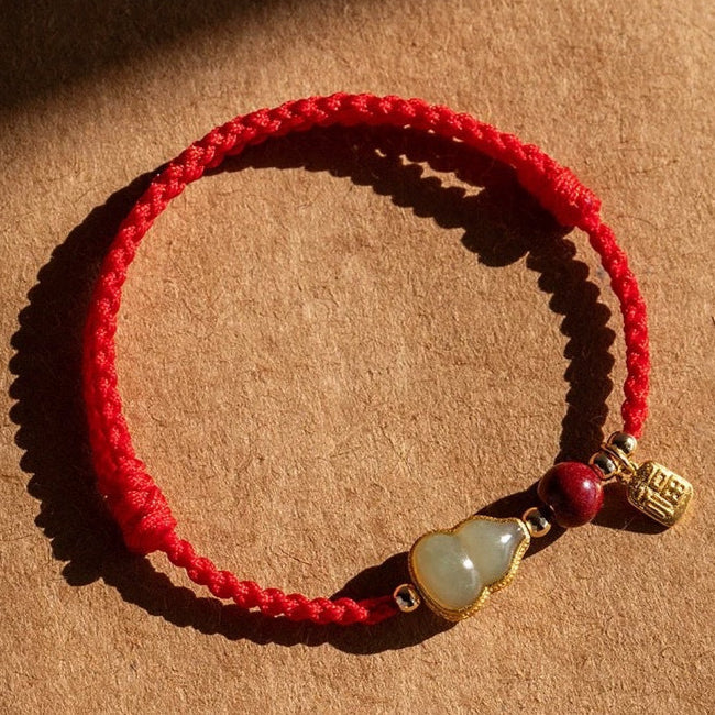 Cinnabar Fortune Gourd Red String Bracelet – Jade Inlay, Hand-Braided (2 Colors)