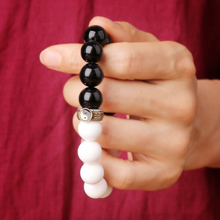 Yin-Yang Obsidian & White Shell Bracelet – 925 Silver Mantra Bead