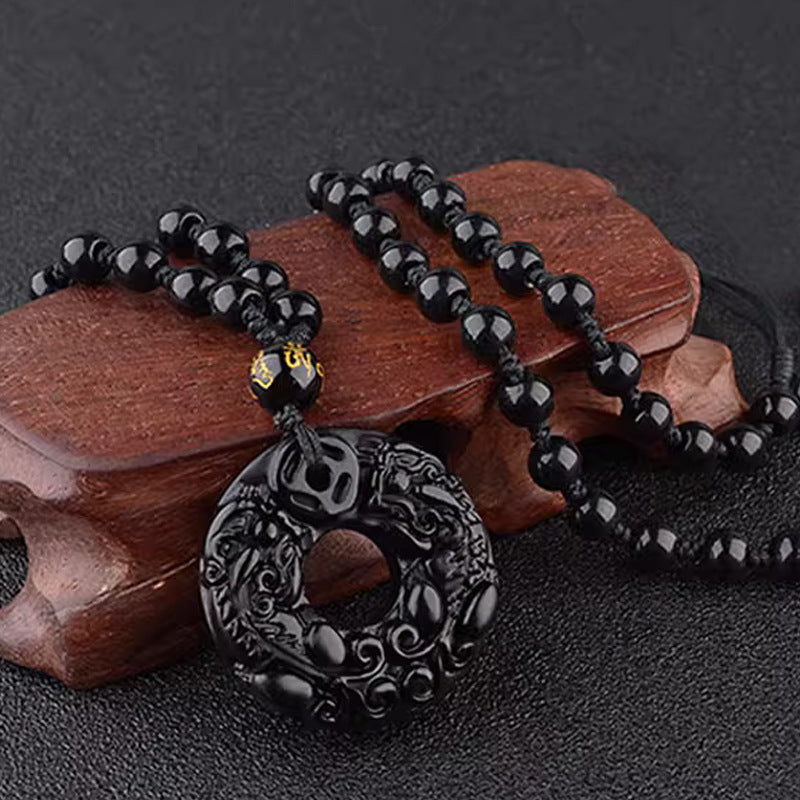 Black Obsidian Double-Dragon Bi Pendant – Protection & Balance