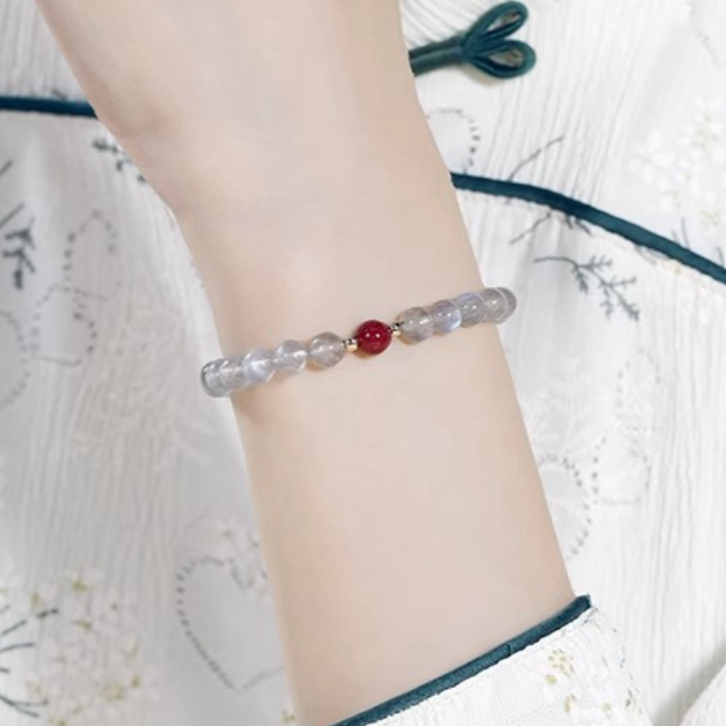 Gray Moonstone & Strawberry Quartz Bracelet – Soft Glow, Feminine Poise