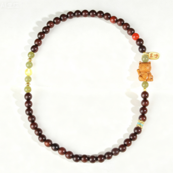 Double-Wrap Wooden Bead Necklace with Lucky Cat Pendant – Prosperity & Blessings