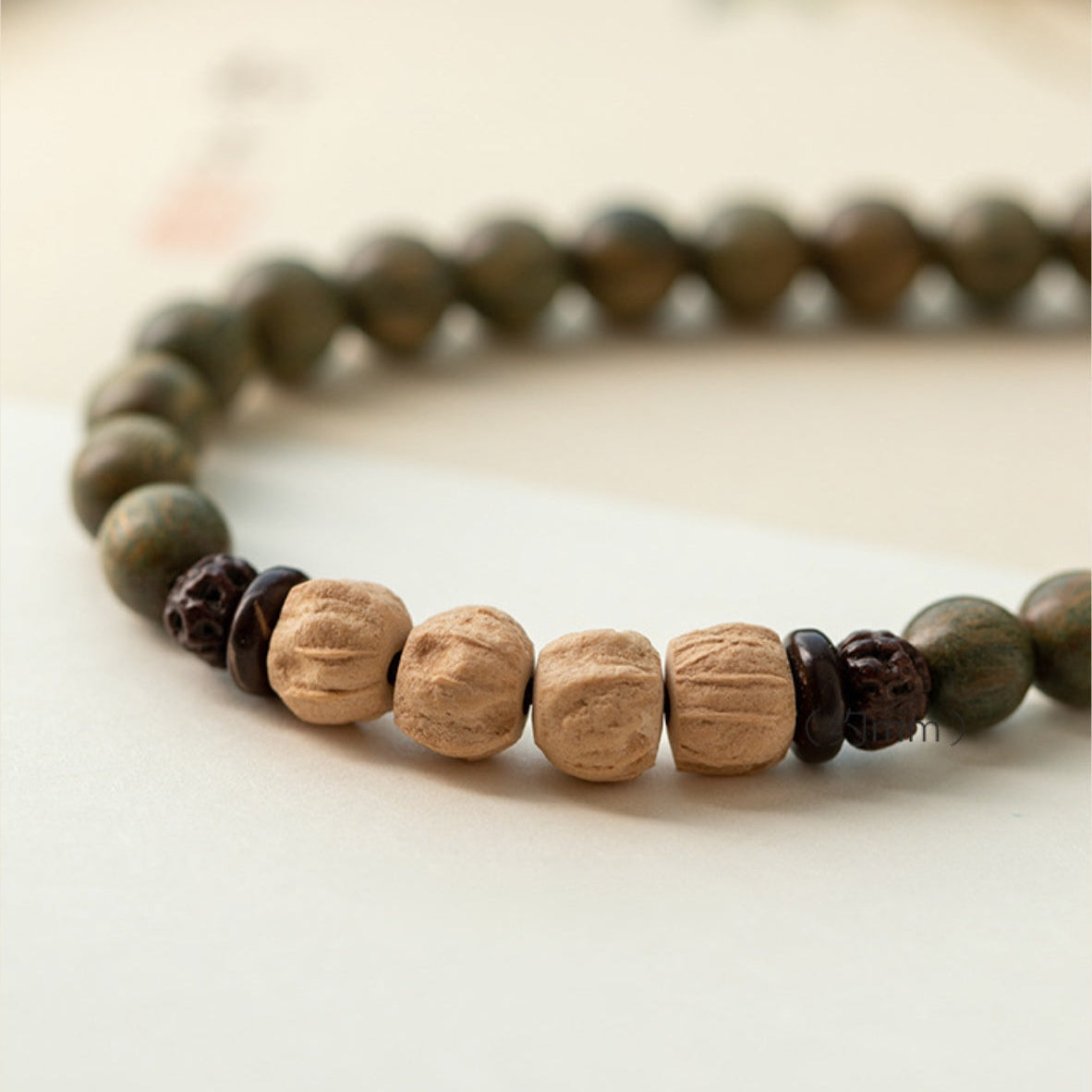 Green Sandalwood Double-Wrap Mala Bracelet with Bodhi Accents – Protection & Mindfulness