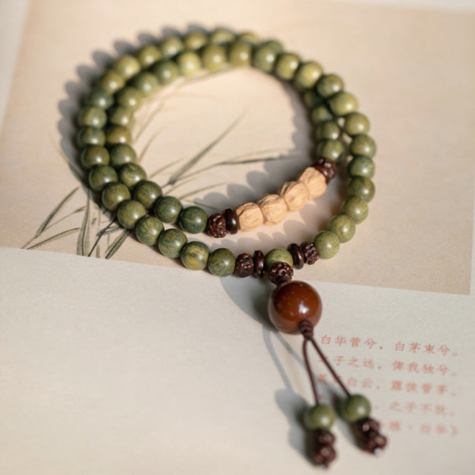 Green Sandalwood Double-Wrap Mala Bracelet with Bodhi Accents – Protection & Mindfulness