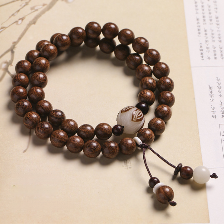 Double-Wrap Wooden Mala Bracelet with Carved Guru Bead – Protection & Balance