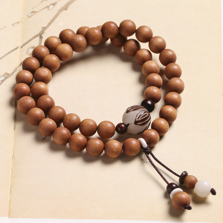 Double-Wrap Wooden Mala Bracelet with Carved Guru Bead – Protection & Balance