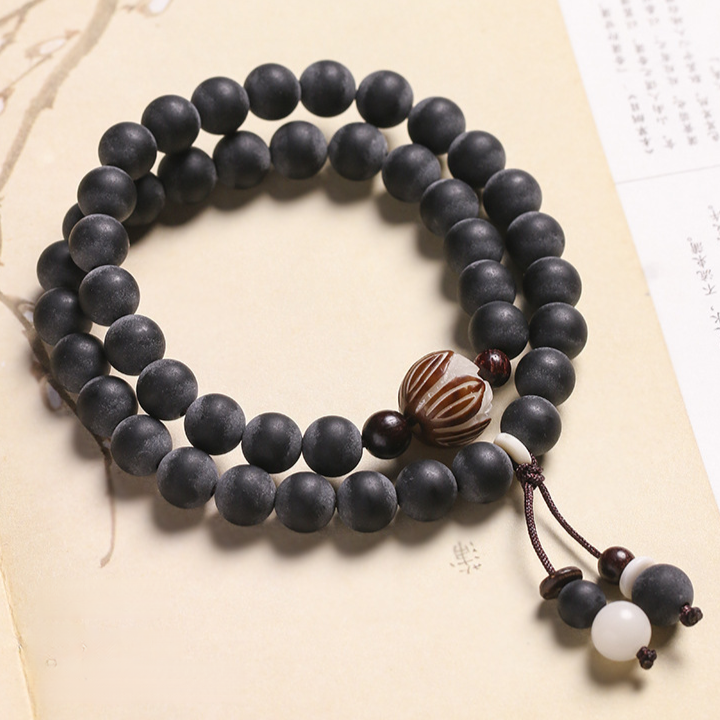 Double-Wrap Wooden Mala Bracelet with Carved Guru Bead – Protection & Balance