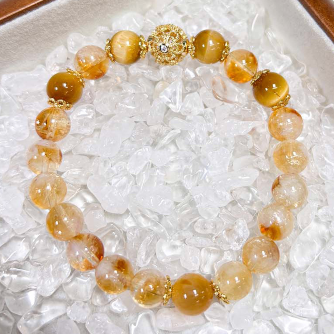 Golden Wealth Bracelet – Citrine or Yellow Phantom Quartz with Tiger’s Eye & Gold Filigree
