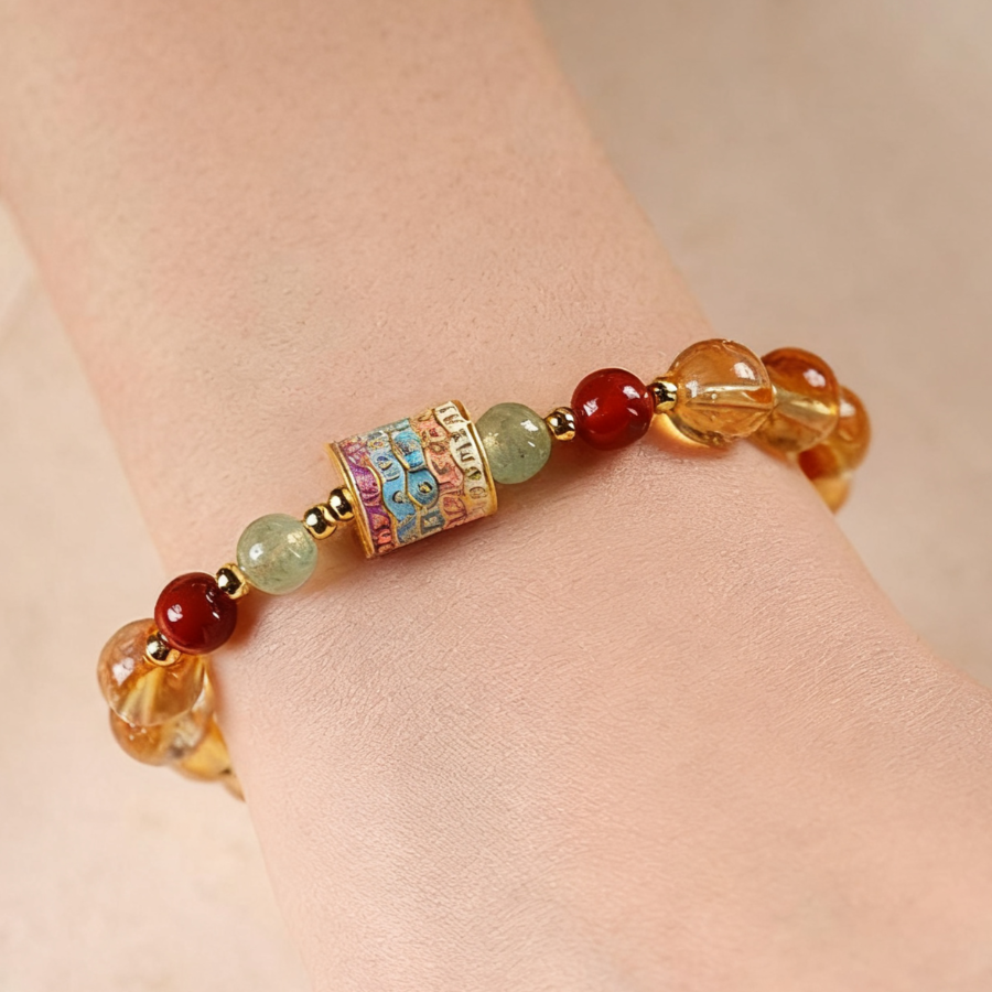 Golden Citrine Bracelet with Five-Color Prayer Wheel – Prosperity & Protection
