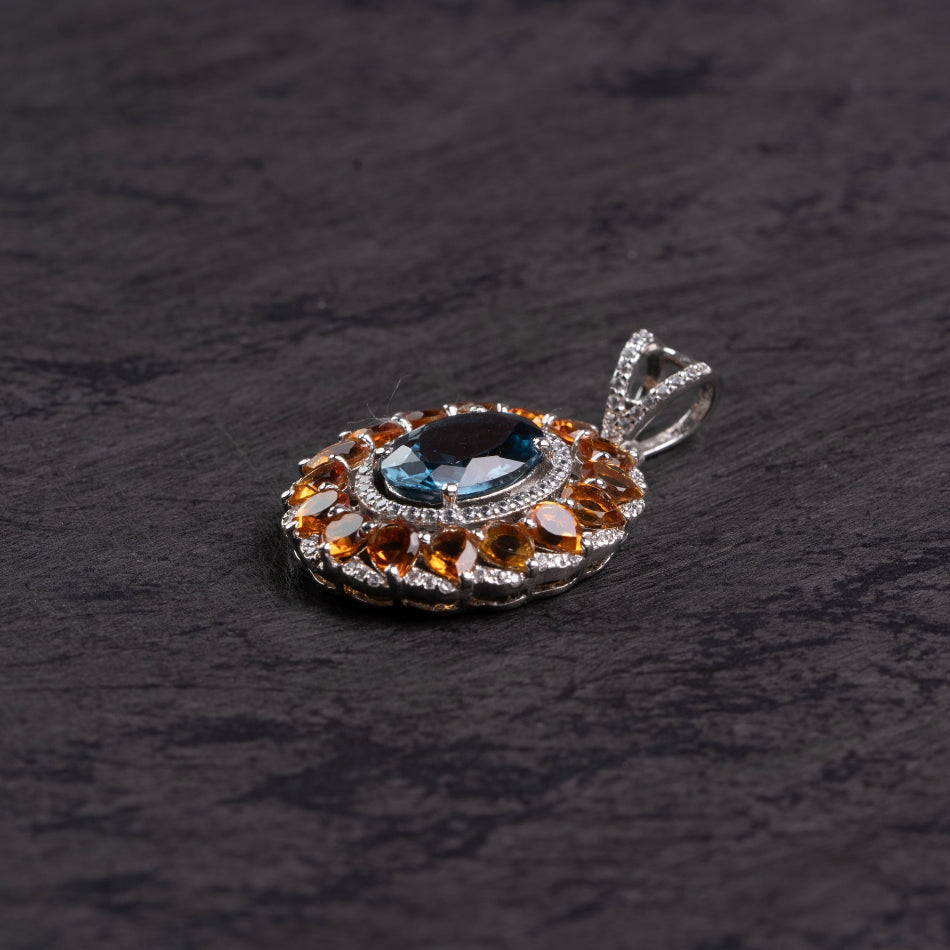 London Blue Topaz & Citrine Sunburst Silver Pendant – Clarity & Joy