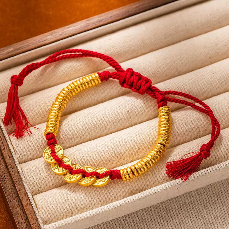 Fortune Coil Red String Bracelet – New Chinese Style, Caishen Coin Charm
