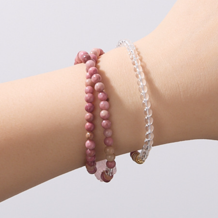 Rhodochrosite & Clear Quartz Double-Wrap Bracelet with Rose Quartz Pixiu – Love & Protection