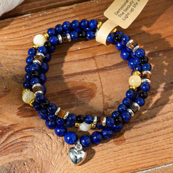 Gemstone Double-Strand Bracelet Collection with Heart Charm – Women’s Balance & Elegance