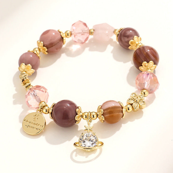 Crystal Charm Gemstone Bracelets – Rose Gold Accents with Planet Pendant