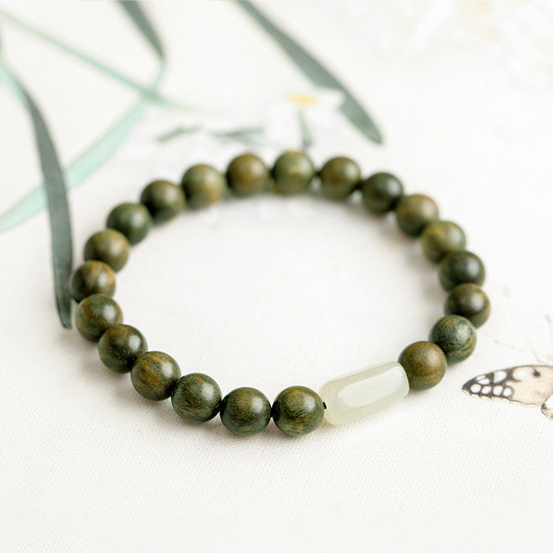 Green Sandalwood Bracelet with White Jade Cylinder – Unisex Balance & Protection