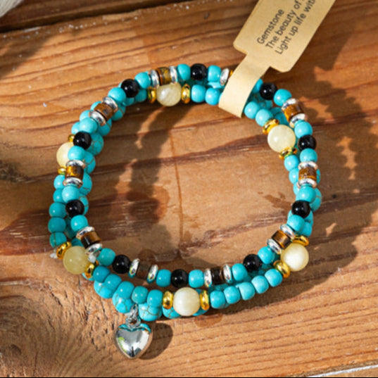 Gemstone Double-Strand Bracelet Collection with Heart Charm – Women’s Balance & Elegance