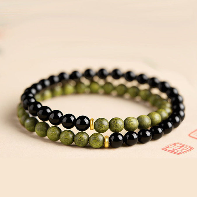 Double-Wrap Green Sandalwood & Black Onyx Bracelet – Balance & Protection