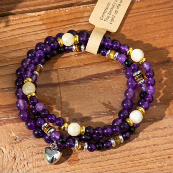 Gemstone Double-Strand Bracelet Collection with Heart Charm – Women’s Balance & Elegance