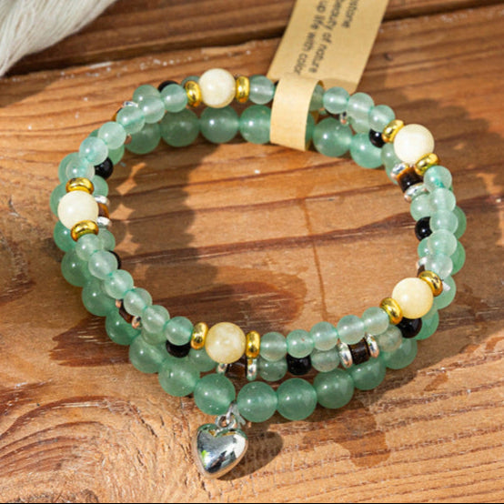 Gemstone Double-Strand Bracelet Collection with Heart Charm – Women’s Balance & Elegance