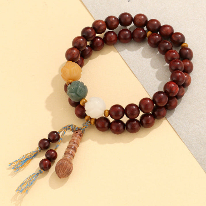Double-Wrap Wooden Mala Bracelet with Lotus Carvings & Tassel – Spiritual Balance