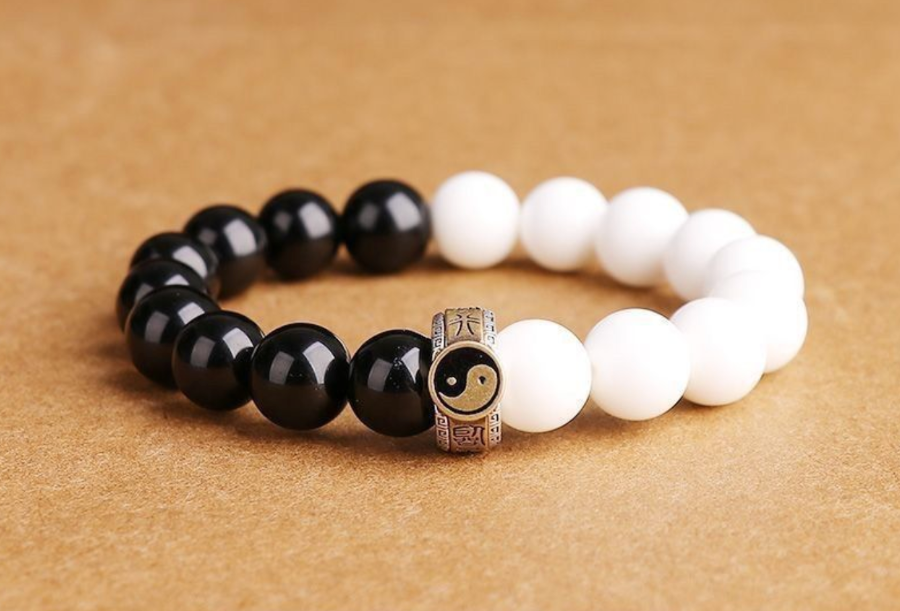 Yin-Yang Obsidian & White Shell Bracelet – 925 Silver Mantra Bead