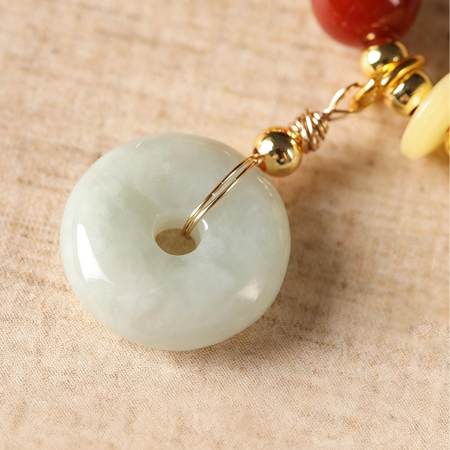 Prosperity & Peace Double-Wrap Bracelet – Red Agate with Jade Donut & Amber Charms