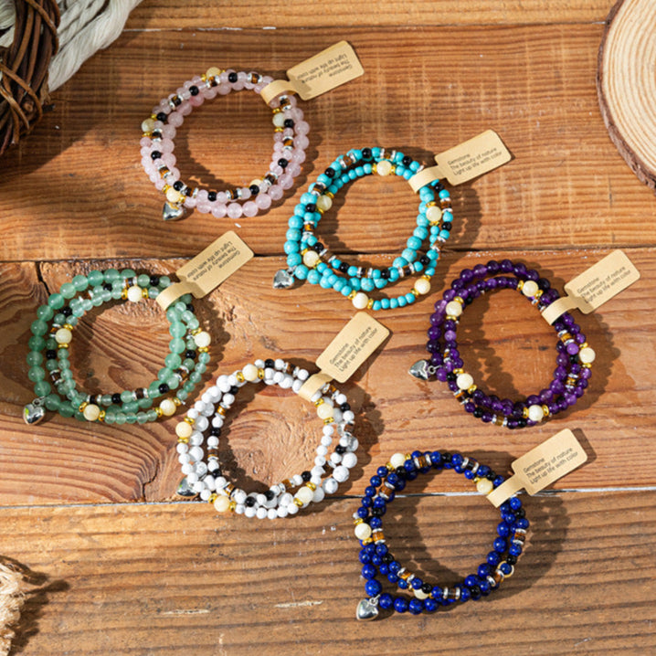 Gemstone Double-Strand Bracelet Collection with Heart Charm – Women’s Balance & Elegance
