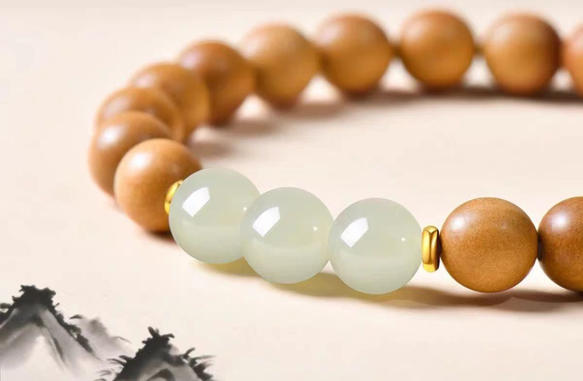 Hetian Jade & Peach Wood Bracelet – Harmony & Grounding