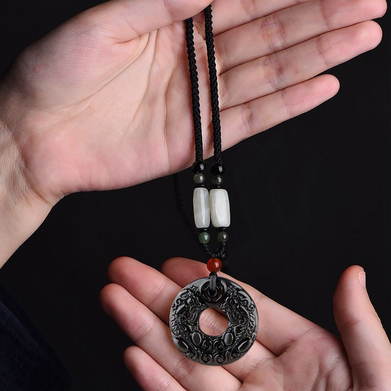 Black Obsidian Double-Dragon Bi Pendant – Protection & Balance