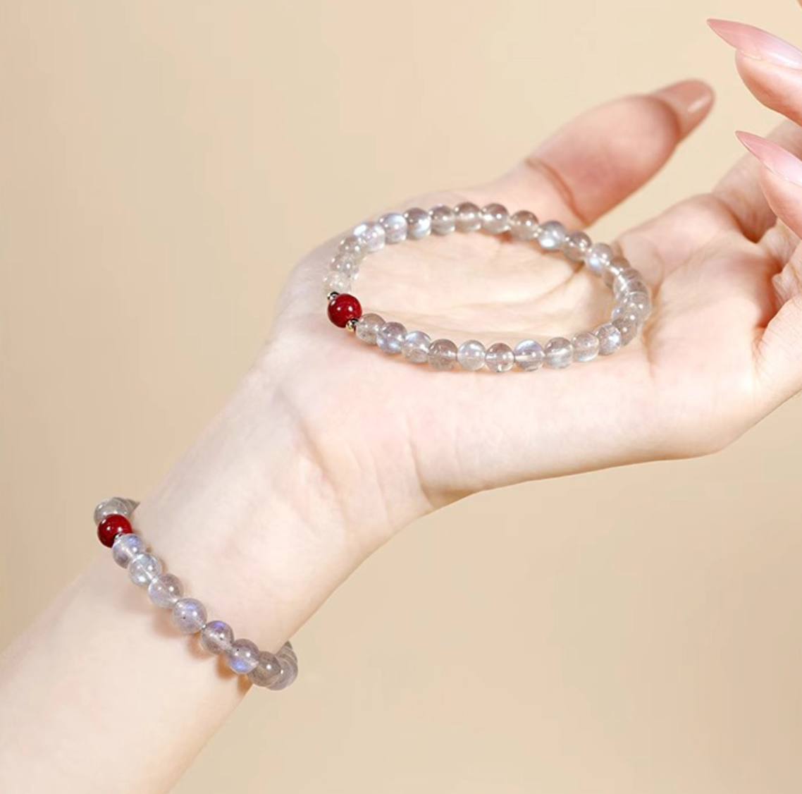 Gray Moonstone & Strawberry Quartz Bracelet – Soft Glow, Feminine Poise