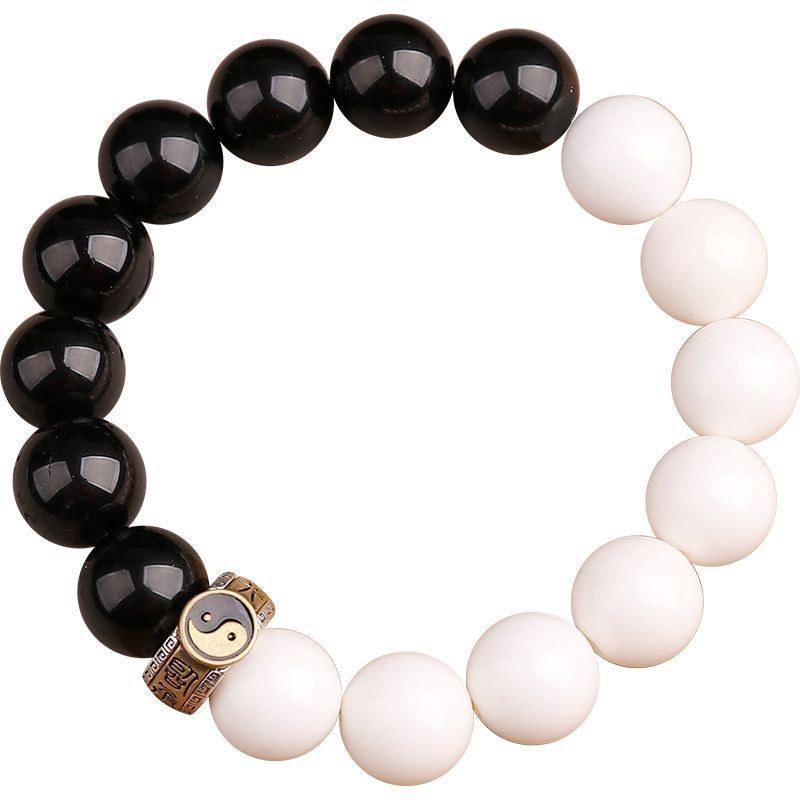 Yin-Yang Obsidian & White Shell Bracelet – 925 Silver Mantra Bead