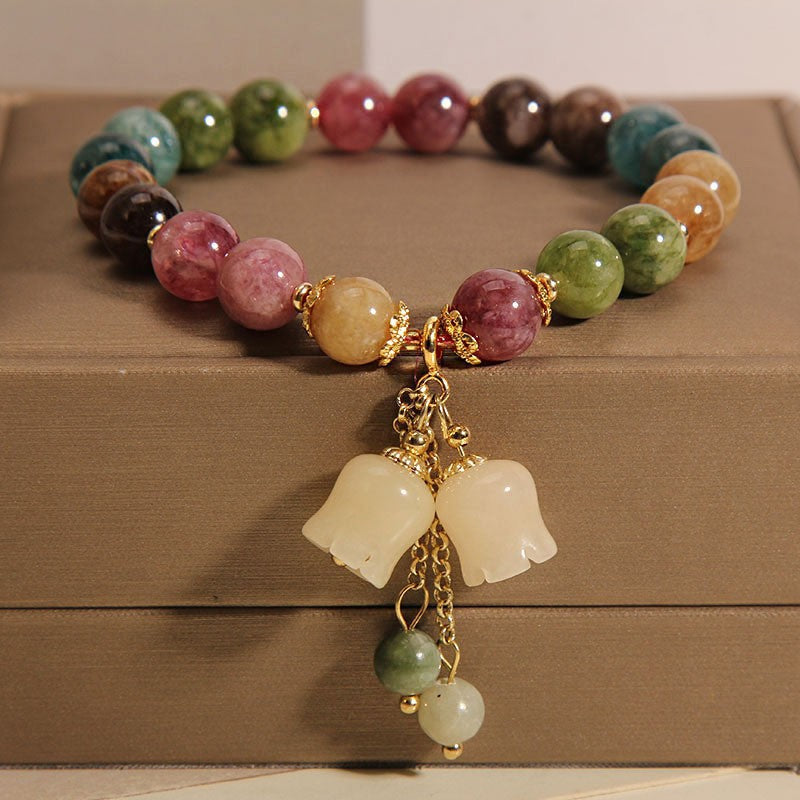 Multi-Color Tourmaline Bracelet with Bellflower Charms – Women’s Prosperity & Elegance
