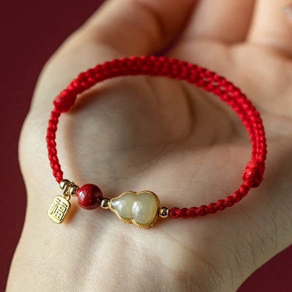 Cinnabar Fortune Gourd Red String Bracelet – Jade Inlay, Hand-Braided (2 Colors)