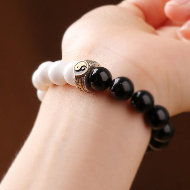 Yin-Yang Obsidian & White Shell Bracelet – 925 Silver Mantra Bead